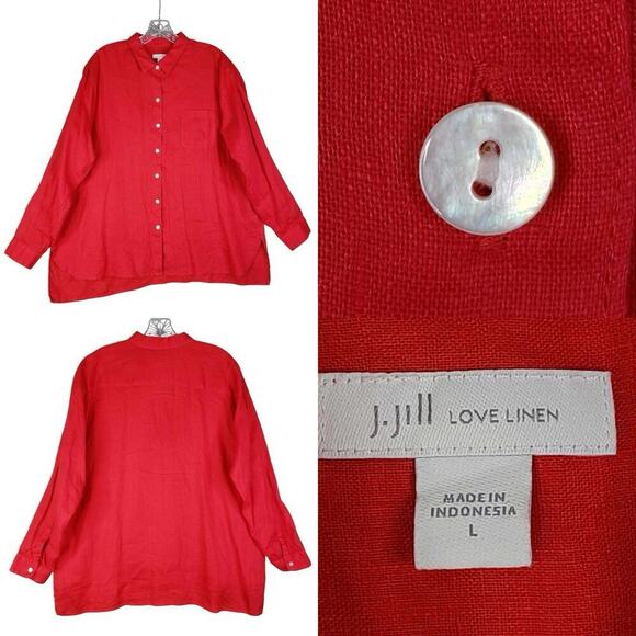 J. Jill Love Linen Shirt Top Red Long Sleeve Size Large L Button Down - Picture 1 of 10